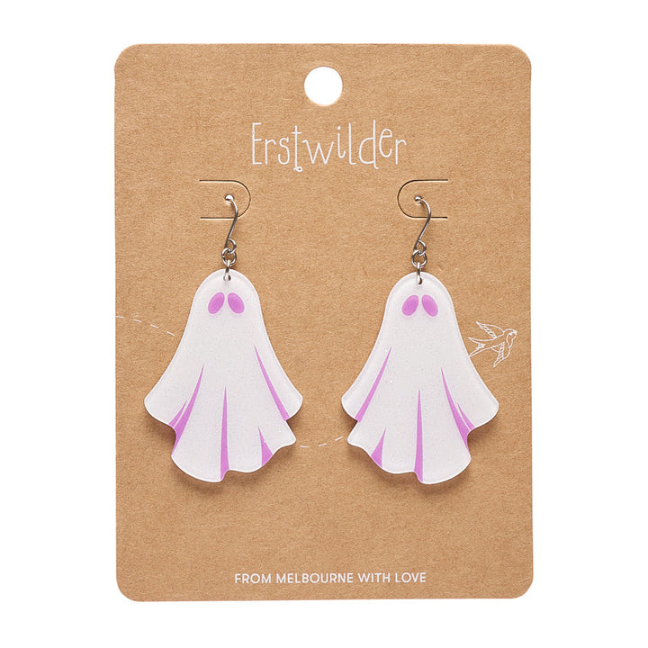 Ghostie Drop Earrings White by Erstwilder shown with gift box | Midnight Mischief Halloween Collection