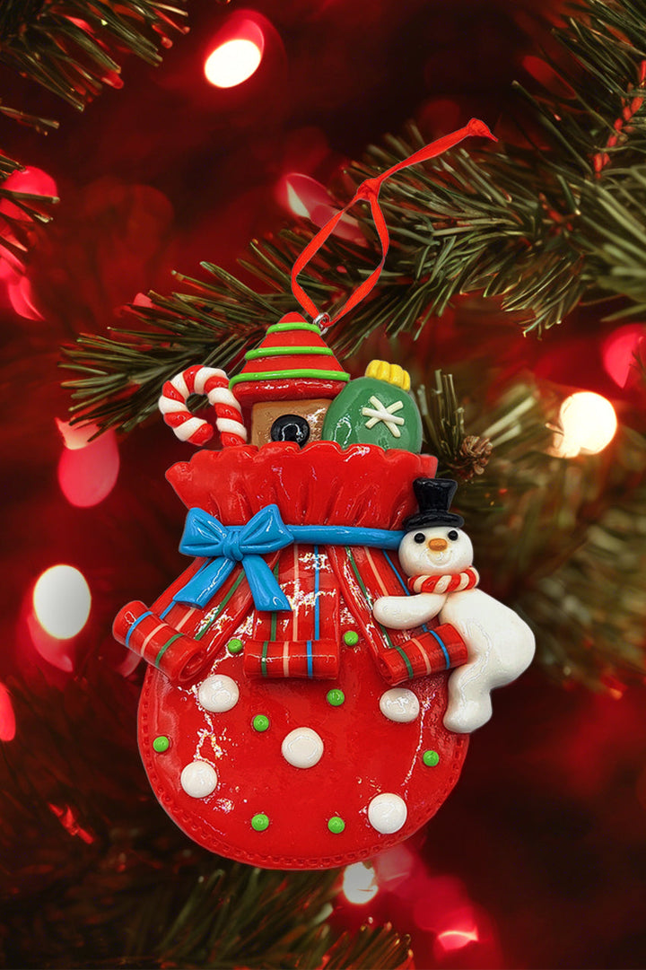 Christmas Ornament - Glossy Gingerbread Gift Bag with Snowman. Wizardi Festive Decoration F07-N2-11-AA440A