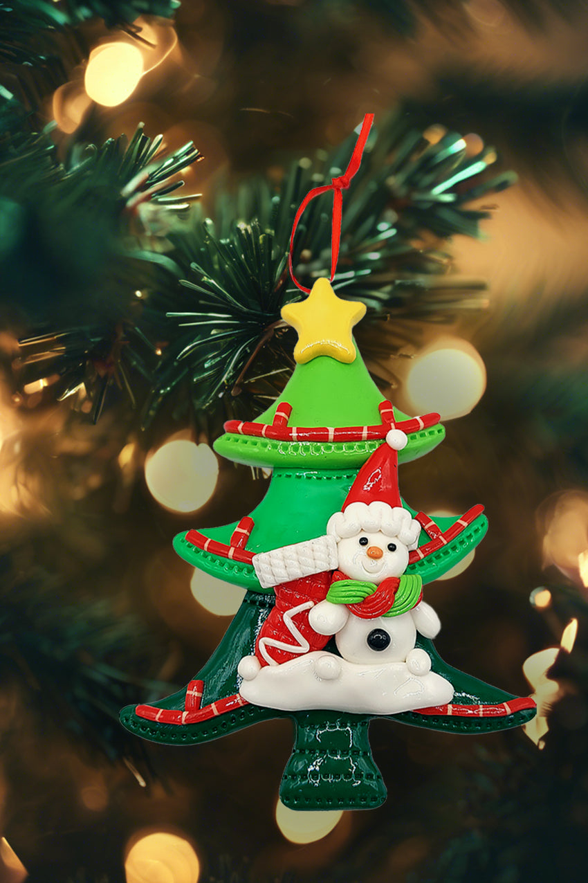 Christmas Ornament - Glossy Gingerbread Tree with Snowman. Wizardi Festive Decoration F07-N2-12-AA453C