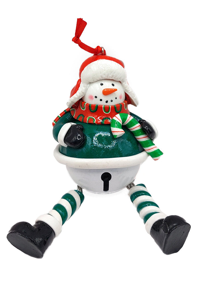 Christmas Ornament - Glossy Gingerbread Snowman with Dangling Legs and Bell. Wizardi Festive Decoration F07-N2-15-SBB004B