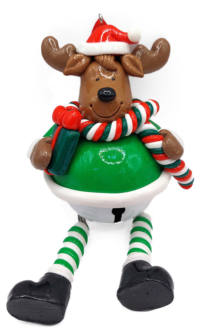 Christmas Ornament - Glossy Gingerbread Reindeer with Dangling Legs and Bell. Wizardi Festive Decoration F07-N2-15-SBB004C