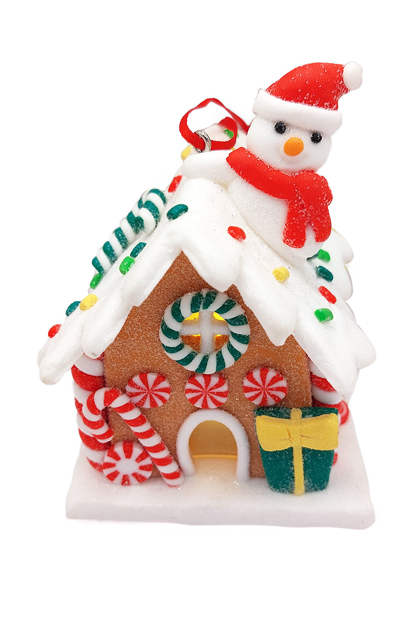 Christmas Ornament - Gingerbread Snow House with Snowman. Wizardi Festive Decoration F07-N2-18-EE403C