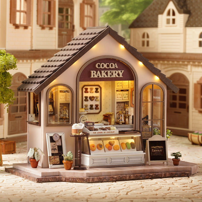 Cocoa Bakery Dollhouse Kit - Miniature Wizardi Roombox Kit with LED Light F07M51-57-DA-005-A