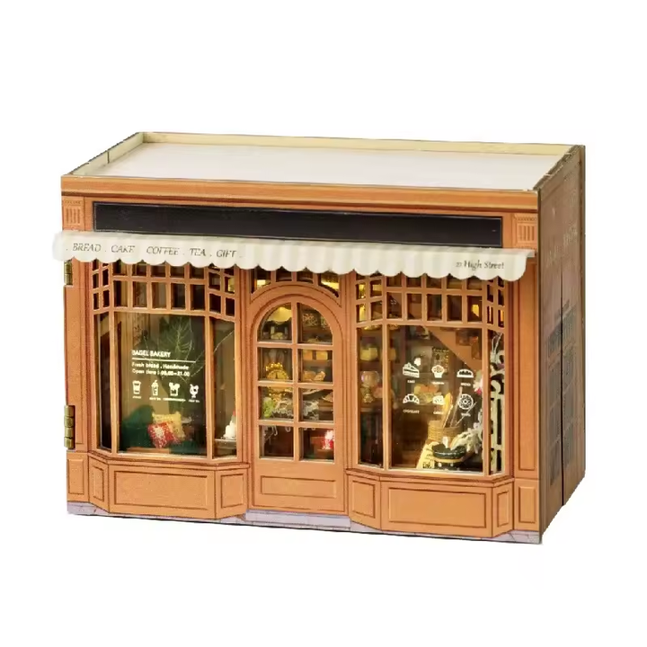Coffee & Bakery Dollhouse Kit - Miniature Wizardi Roombox Kit with LED Light F07M51-63-MINI-111