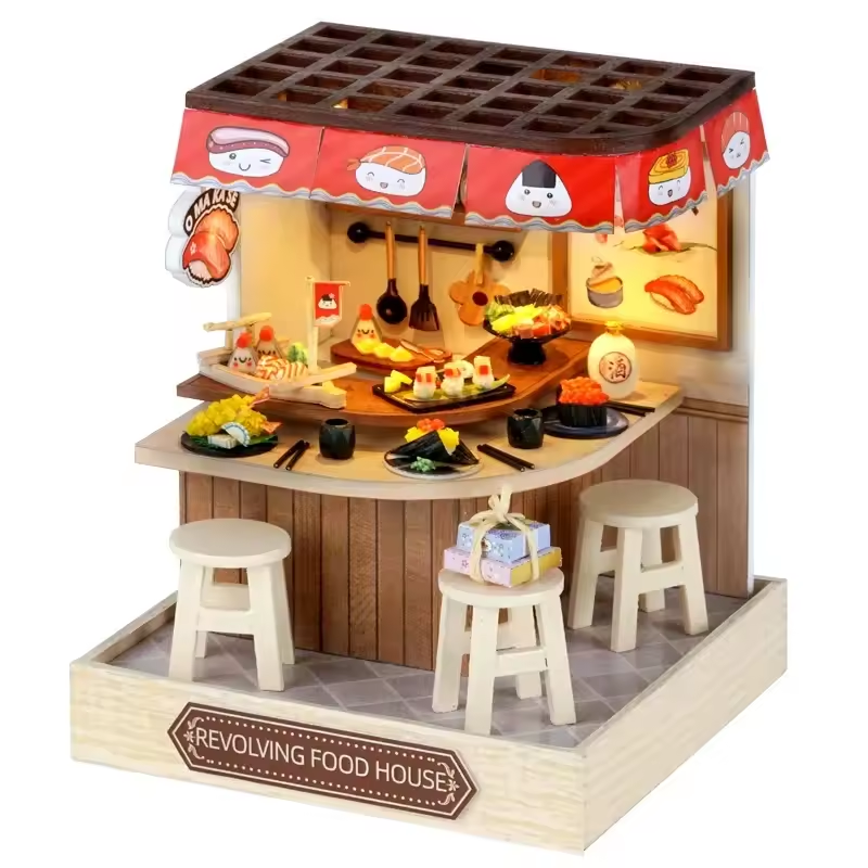 Revolving Food Dollhouse Kit - Miniature Wizardi Roombox Kit with LED Light F07M51-66-QT-088