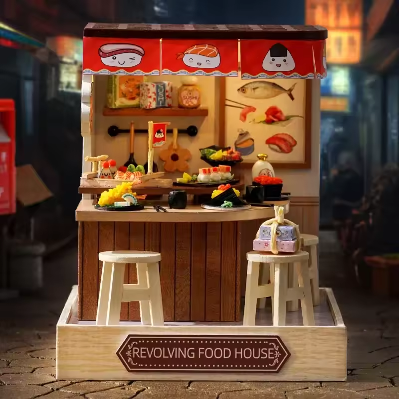 Revolving Food Dollhouse Kit - Miniature Wizardi Roombox Kit with LED Light F07M51-66-QT-088