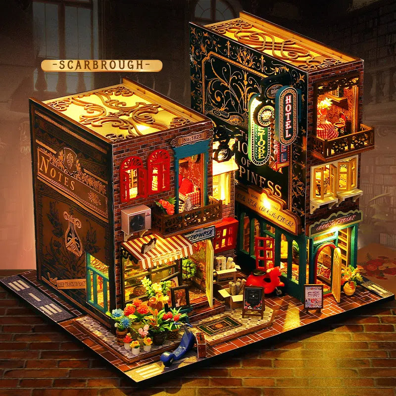 Hotel Scarborough Dollhouse Kit - Miniature Wizardi Roombox Kit with LED Light F07M51-73-ES009-A