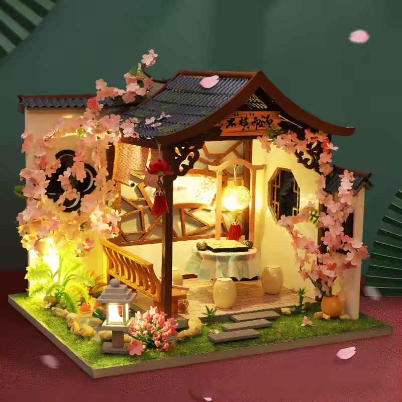 Cherry Blossom Dollhouse Kit - Miniature Wizardi Roombox Kit with LED Light F07M51-77-HL005-A