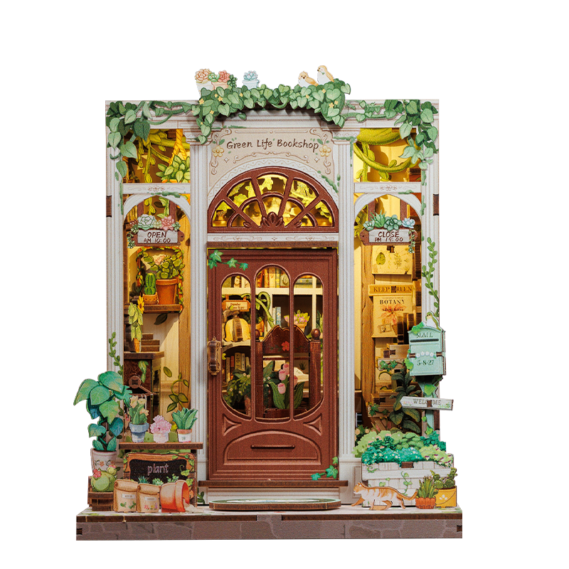 Green Life Bookshop Dollhouse Kit - Miniature Wizardi Roombox Kit with LED Light F07M51-88-CWGC203