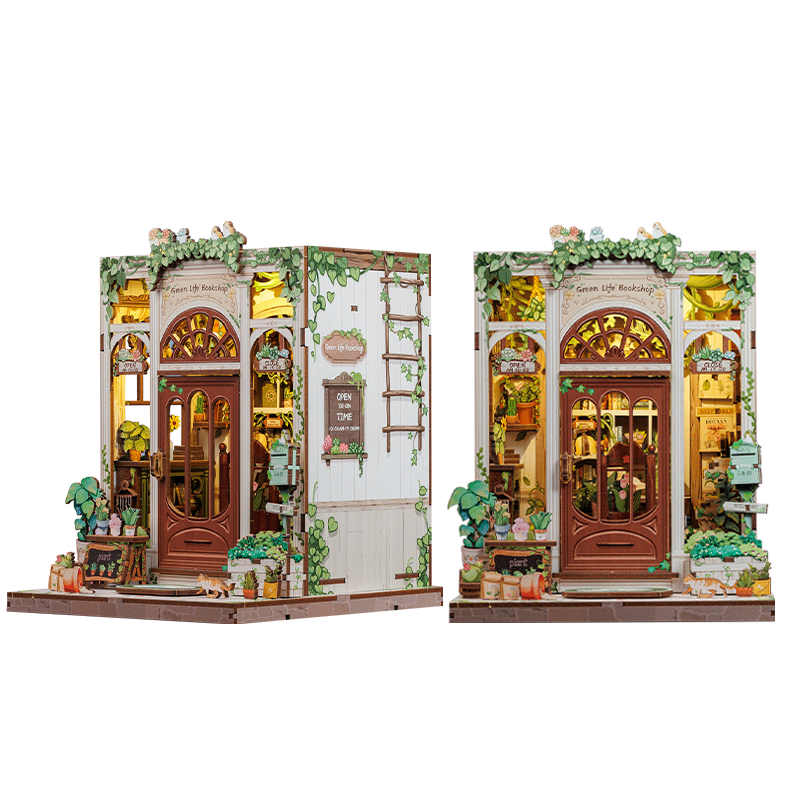 Green Life Bookshop Dollhouse Kit - Miniature Wizardi Roombox Kit with LED Light F07M51-88-CWGC203