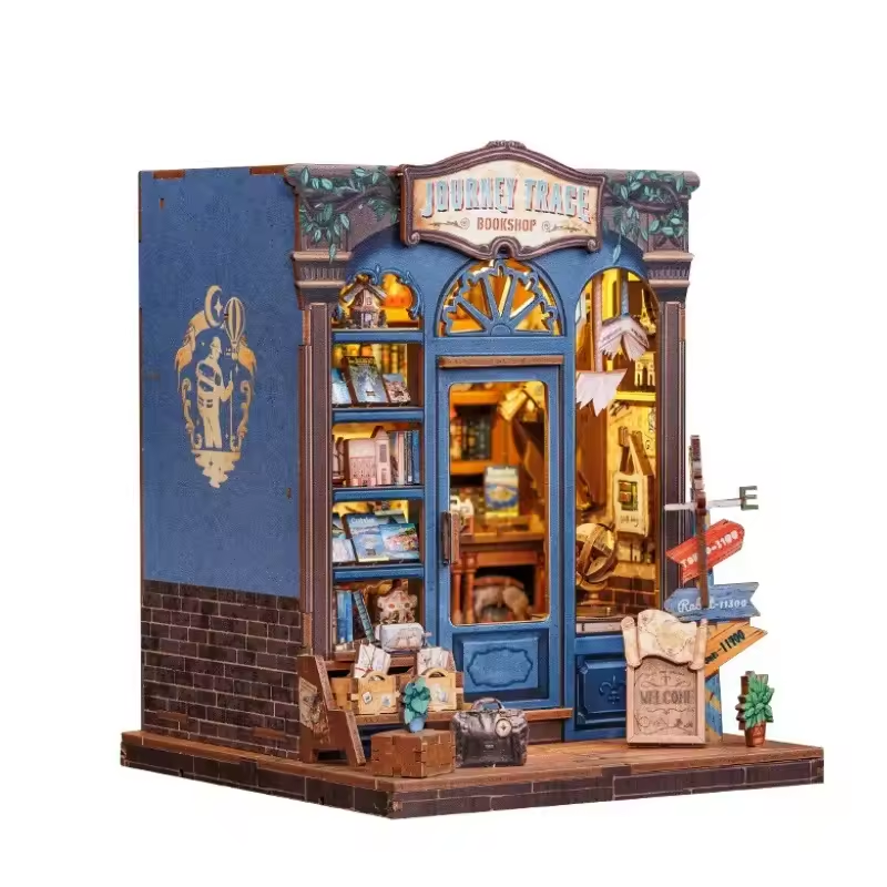 Journey Trace Bookshop Dollhouse Kit - Miniature Wizardi Roombox Kit with LED Light F07M51-89-CWGC204