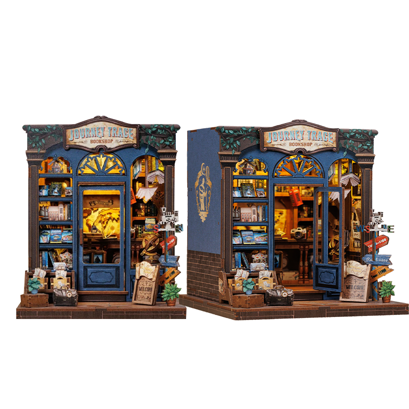 Journey Trace Bookshop Dollhouse Kit - Miniature Wizardi Roombox Kit with LED Light F07M51-89-CWGC204