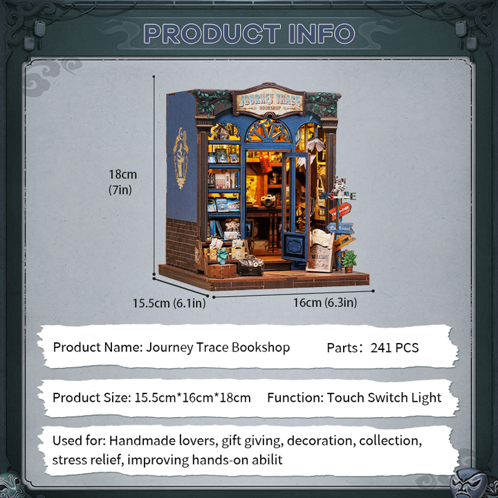 Journey Trace Bookshop Dollhouse Kit - Miniature Wizardi Roombox Kit with LED Light F07M51-89-CWGC204
