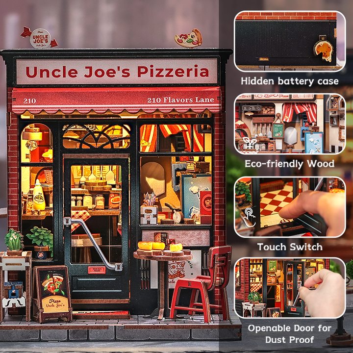 Uncle Joe's Pizzeria Dollhouse Kit - Miniature Wizardi Roombox Kit with LED Light F07M51-92-CWGC210