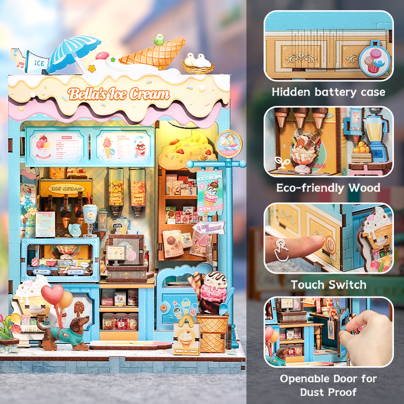 Bella's Ice Cream Dollhouse Kit - Miniature Wizardi Roombox Kit with LED Light F07M51-93-CWGC212