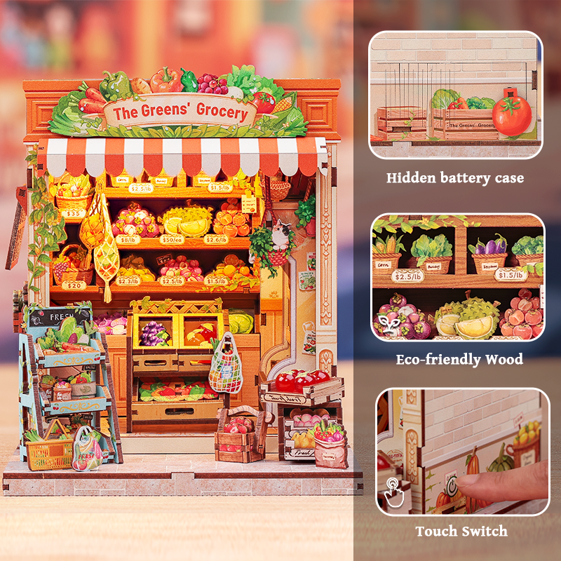 The Greens' Grocery Dollhouse Kit - Miniature Wizardi Roombox Kit with LED Light F07M51-94-CWGC213
