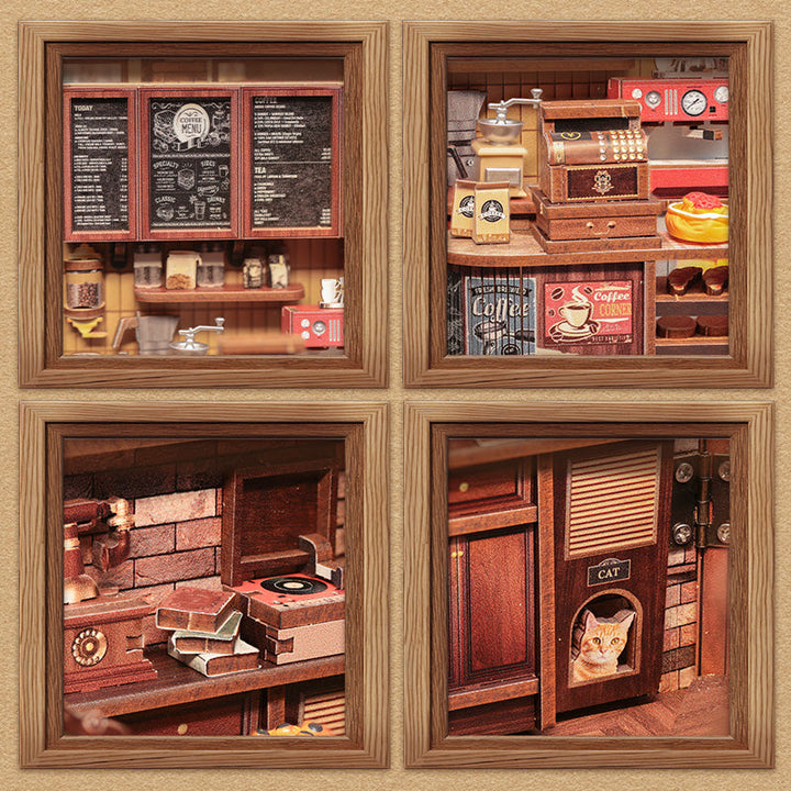 Corner Coffee Shop Dollhouse Kit - Miniature Wizardi Roombox Kit with LED Light F07M51-96-GB402