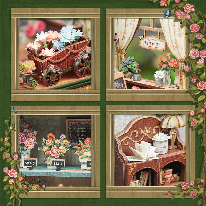 Blossom Florists Dollhouse Kit - Miniature Wizardi Roombox Kit with LED Light F07M51-97-GB403