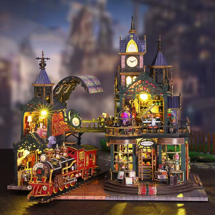 Railway City Dollhouse Kit - Miniature Wizardi Roombox Kit with LED Light F07M51-99-ES019