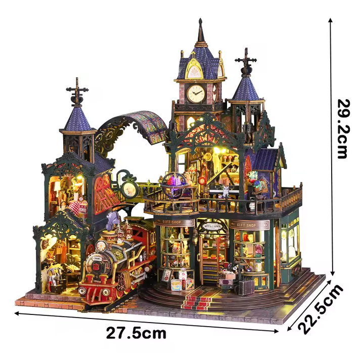 Railway City Dollhouse Kit - Miniature Wizardi Roombox Kit with LED Light F07M51-99-ES019