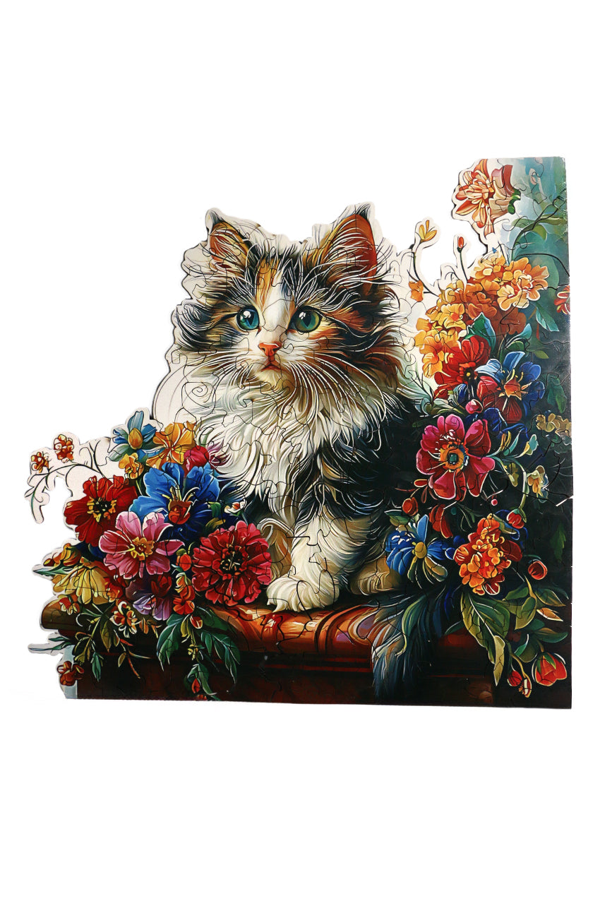 Cat with Flowers - Jigsaw Wooden Puzzle by Wizardi F07N9-15