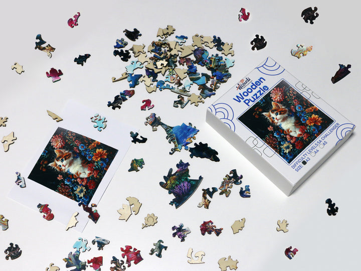 Cat in Flowers - Jigsaw Wooden Puzzle by Wizardi F07N9-16