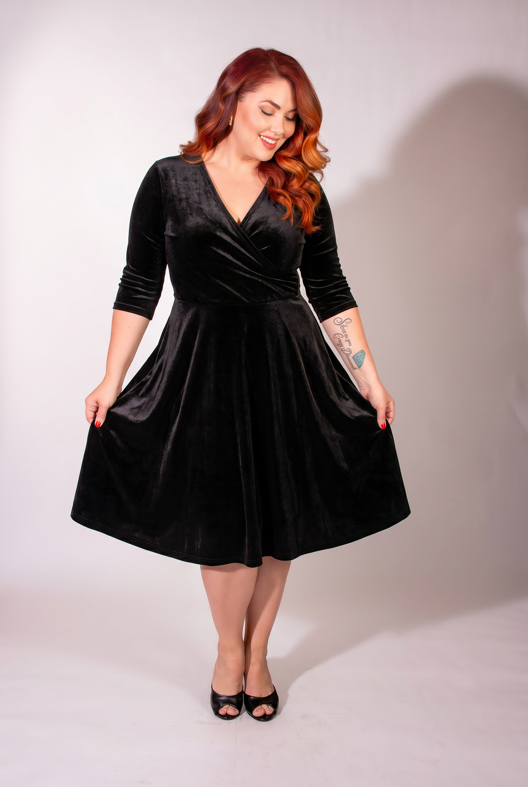 Joanie Knit Dress 3/4 Sleeve - Stretch Velvet, Black