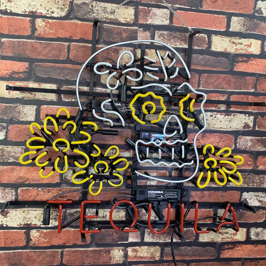 Tequila Lager Skull Bone with Flower Neon Signs Light