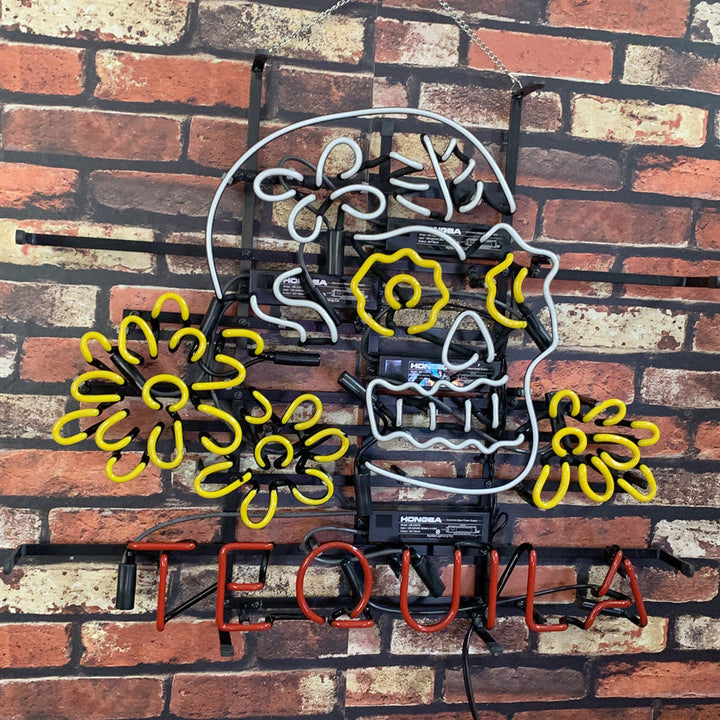 Tequila Lager Skull Bone with Flower Neon Signs Light