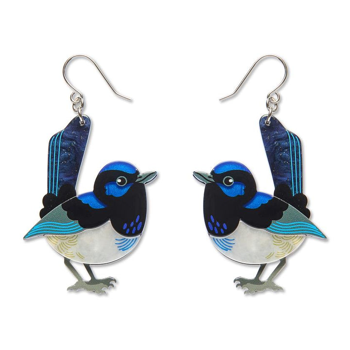 Superb Fairy Wren Drop Earrings handcrafted enamel by Erstwilder x Royal Botanic Gardens Victoria – front view