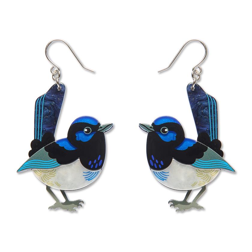Superb Fairy Wren Drop Earrings handcrafted enamel by Erstwilder x Royal Botanic Gardens Victoria – front view
