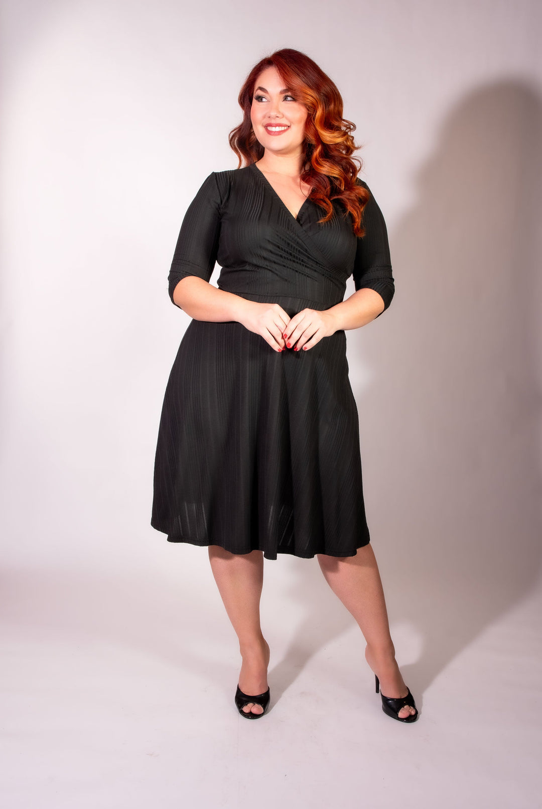 Joanie Knit Dress 3/4 Sleeve - Black Rib Knit
