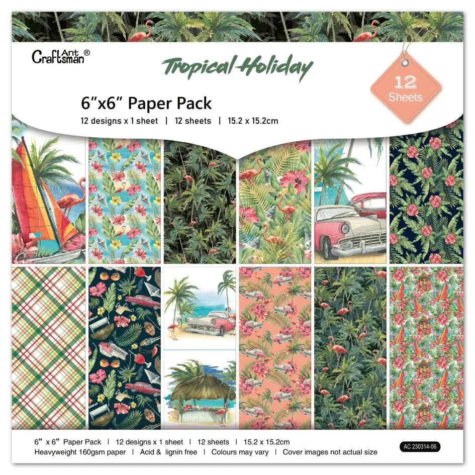 Tropical Holiday Scrapbook Paper Pack. 12 Sheets of 15.2x15.2cm Heavyweight Paper Pad F07M2-3 AC230314-06