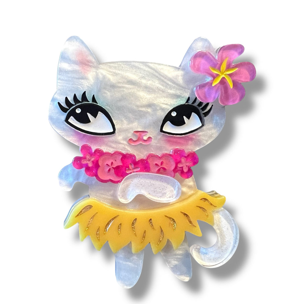 Tiki Hula Kitty Brooch by Miss Fluff x Lipstick & Chrome — hula dancing cat in floral lei, layered jelly resin acrylic