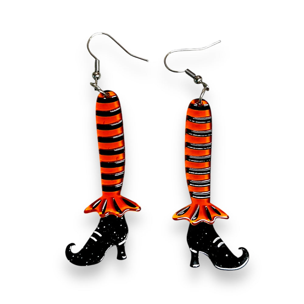 Bewitching Booties Earrings in Orange product shot — Halloween witch boot earrings by Lipstick & Chrome