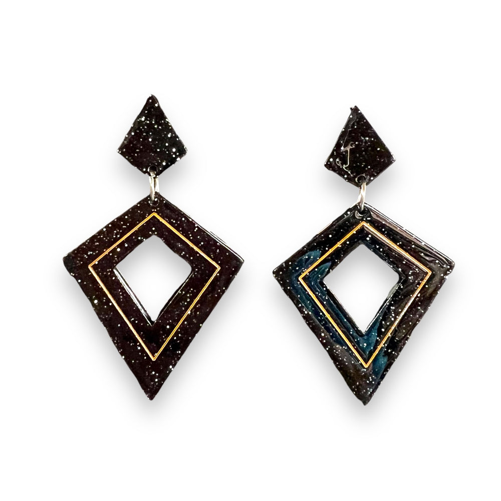 Retro Diamond Dangle Earrings BLACK by Lipstick & Chrome — black glitter resin with orange detail