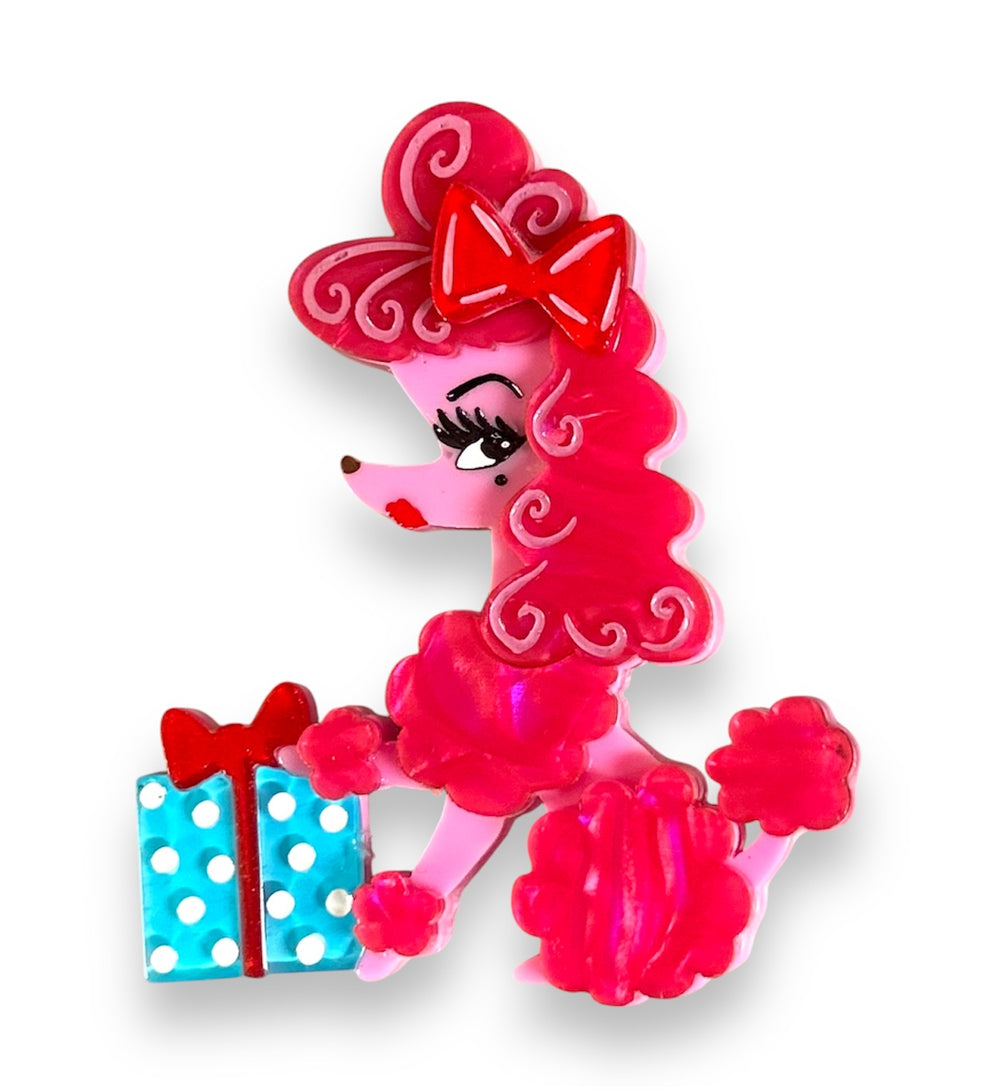 Mimi Loves Christmas Brooch by Miss Fluff x Lipstick & Chrome — poodle in holiday outfit, glitter and marble resin with crystal accent