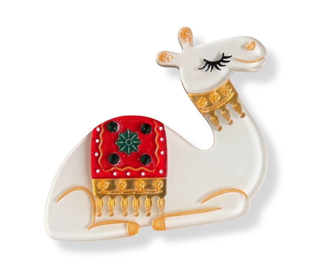 Desert Dreams holiday camel brooch by 50's Vintage Dame x Lipstick & Chrome — gold mirror and glitter resin
