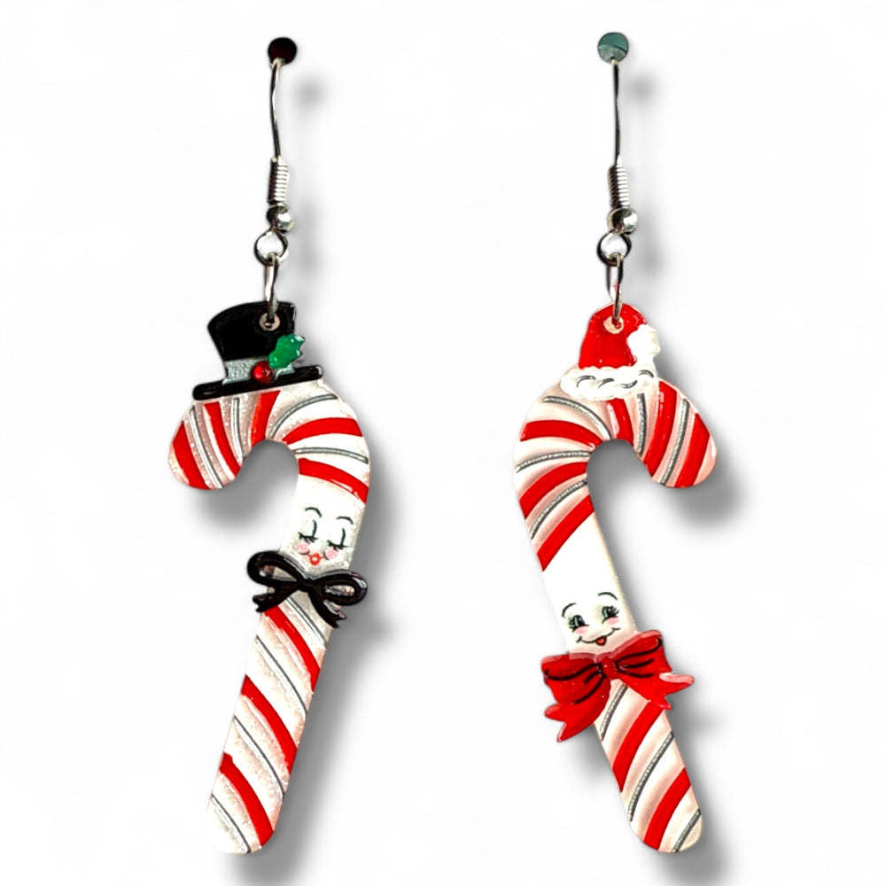 Candy Cane Couple Earrings by 50's Vintage Dame x Lipstick & Chrome — laser-cut acrylic candy cane characters with top hat and Santa cap
