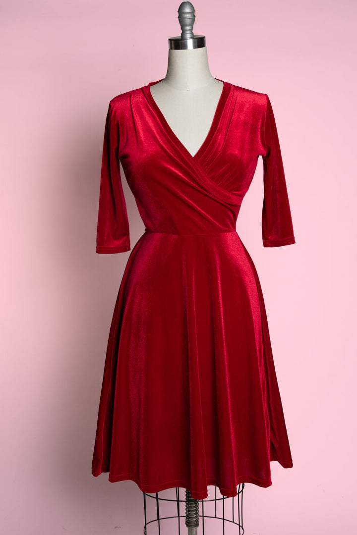 Joanie Knit Dress 3/4 Sleeve - Stretch Velvet, Red