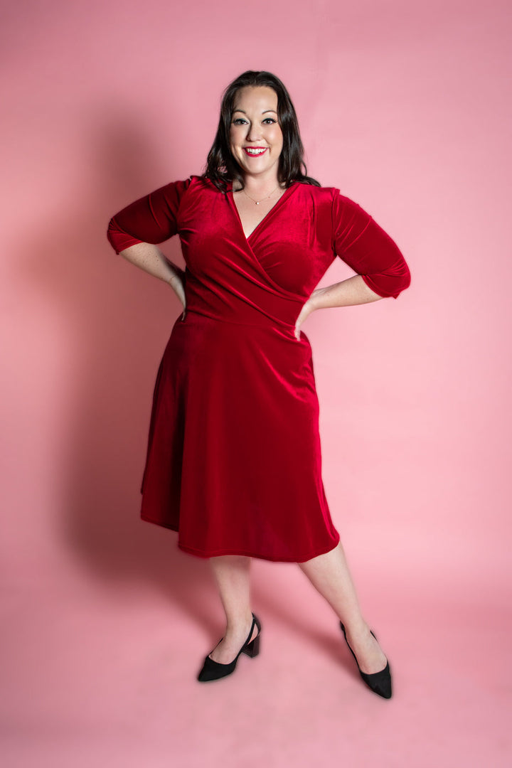 Joanie Knit Dress 3/4 Sleeve - Stretch Velvet, Red