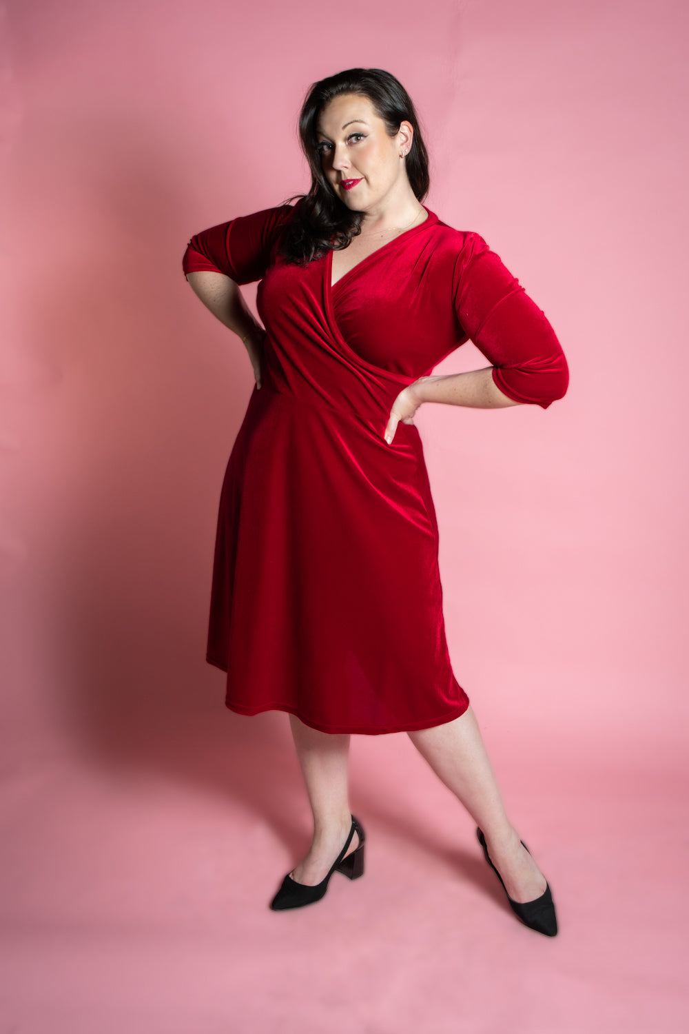 Joanie Knit Dress 3/4 Sleeve - Stretch Velvet, Red