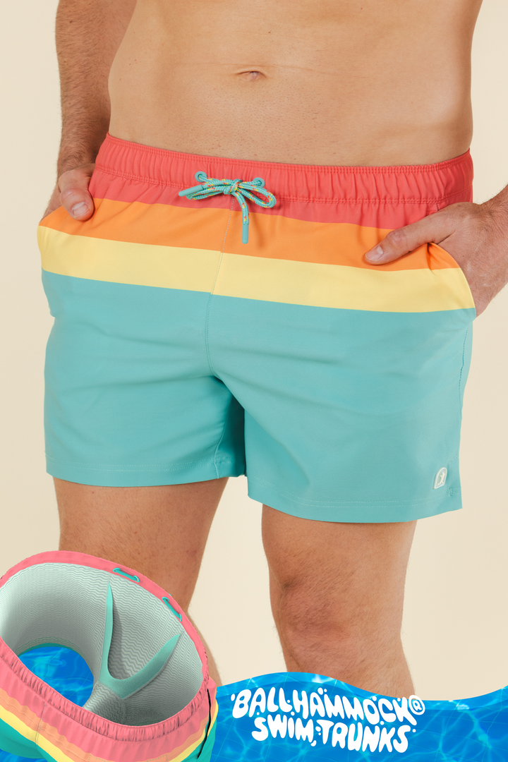 The Lifeguard | Green and Orange Retro Stripe Ball Hammock® Pouch 5" Swim Trunks