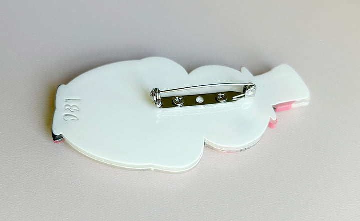Locking clasp on back of the Love at First Sight Snowman brooch by Johanna Parker and Lipstick and Chrome. Pink holiday Frosty pin.