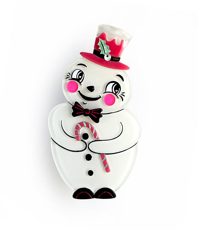 Love at First Sight Snowman Brooch by Johanna Parker and Lipstick and Chrome. Pink holiday Frosty pin.
