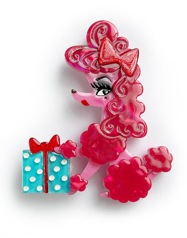 Mimi Loves Christmas brooch by Miss Fluff and Lipstick and Chrome. Holiday pink poodle pin.