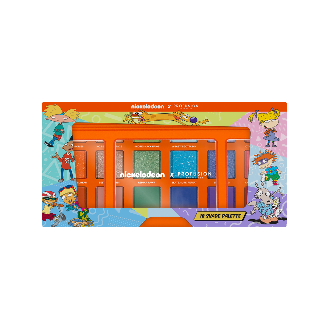 Colorful makeup palette packaging featuring Nickelodeon characters on a white background