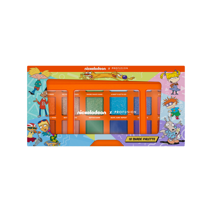 Colorful makeup palette packaging featuring Nickelodeon characters on a white background