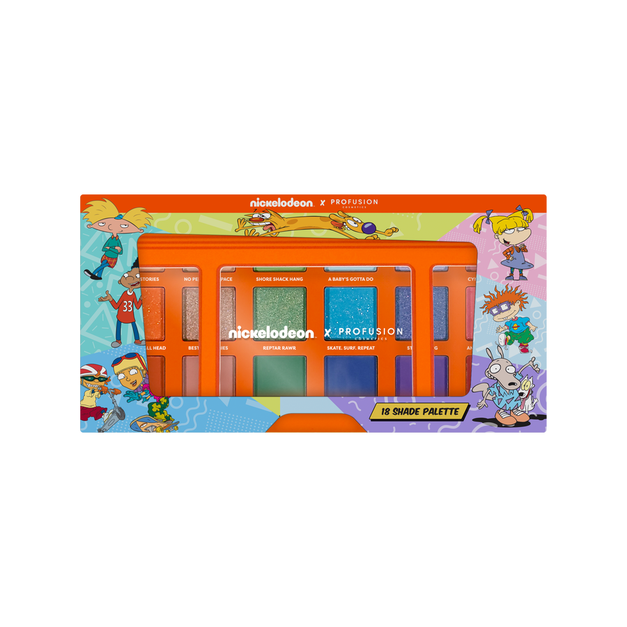 Colorful makeup palette packaging featuring Nickelodeon characters on a white background