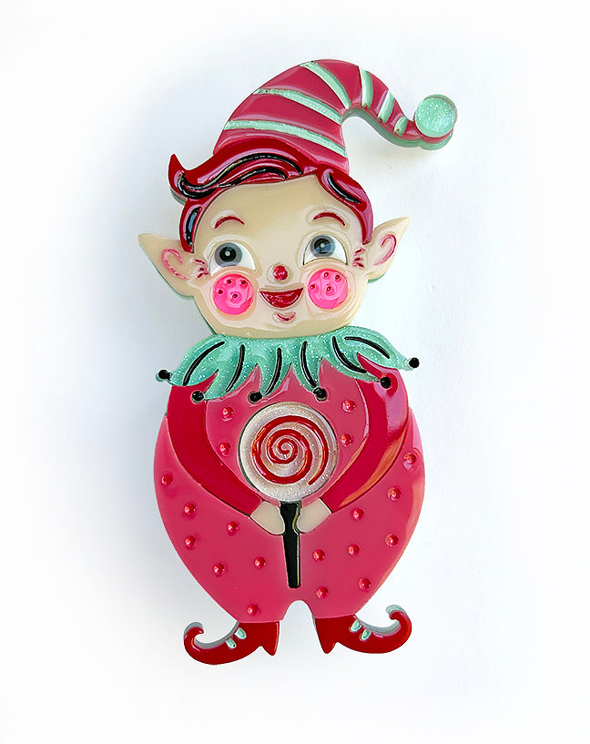 PINK North Pole Apprentice brooch by Johanna Parker and Lipstick and Chrome. Christmas holiday elf pin.